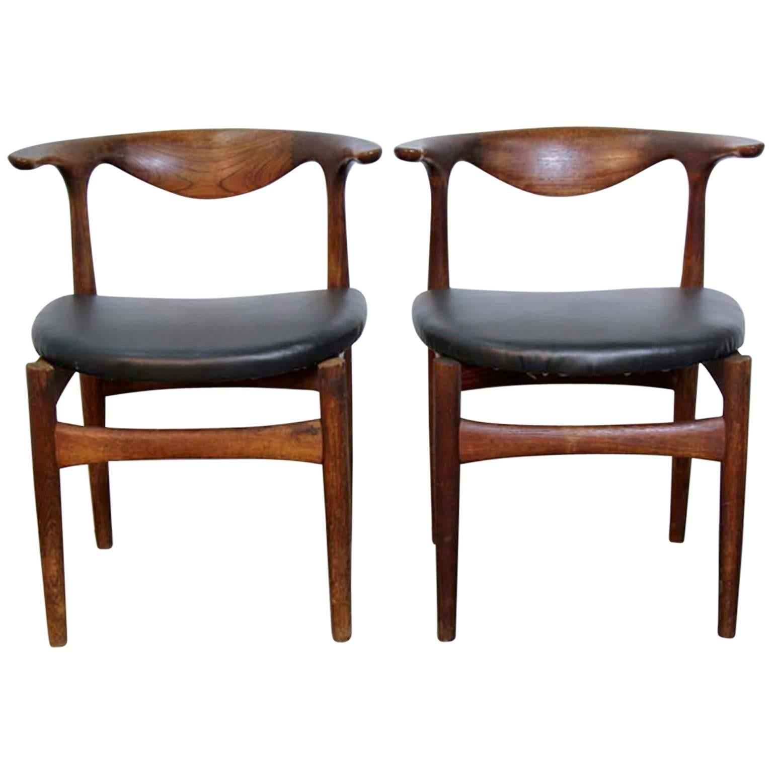 Pair of Danish Modern Teak and Leather Seat Chairs For Sale