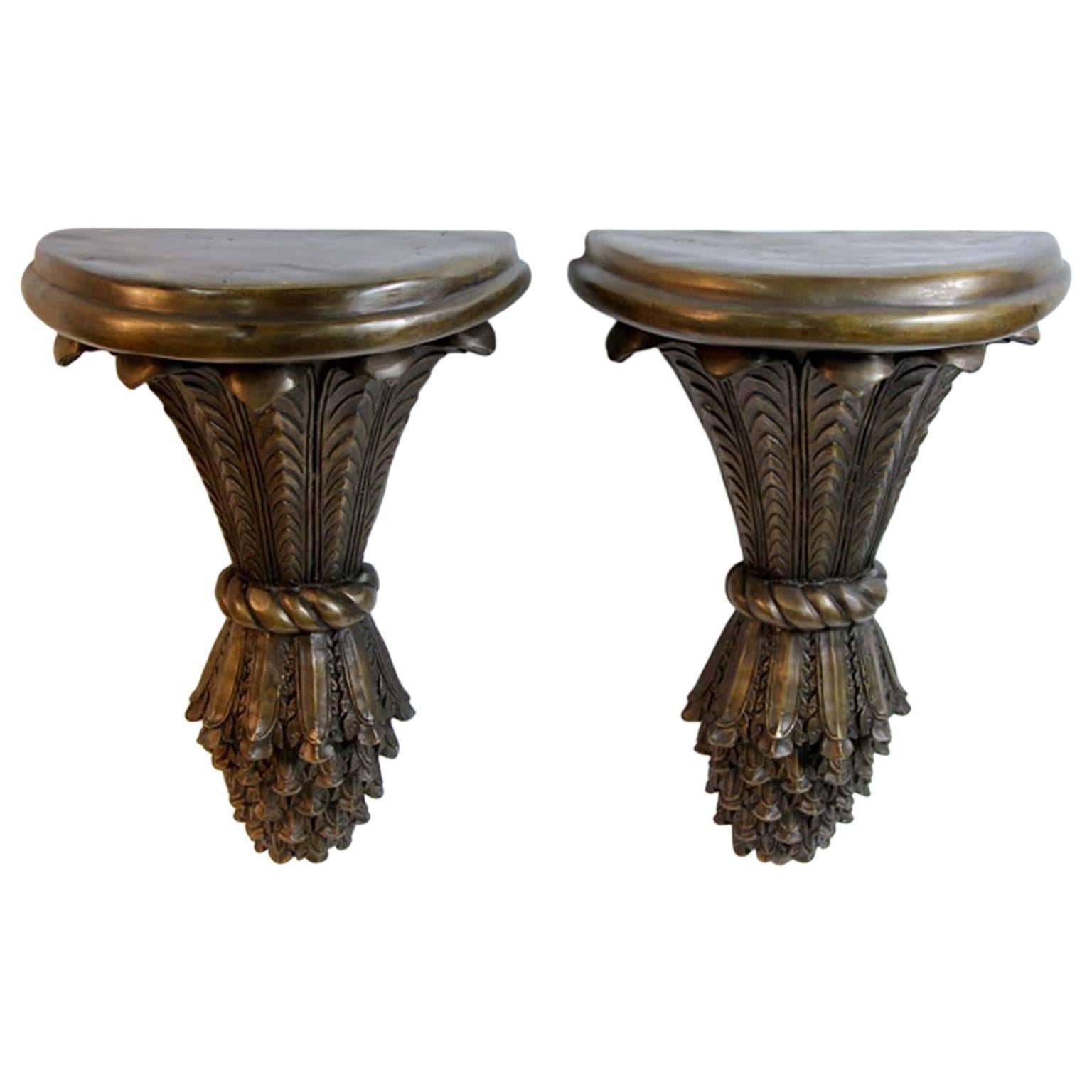 Pair of Bronze Wall Sconce/Shelves For Sale