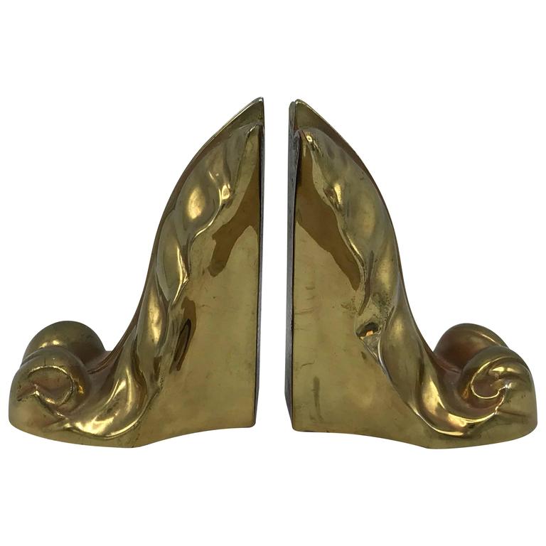 1950s Brass Acanthus Leaf Scroll Bookends, Pair at 1stDibs