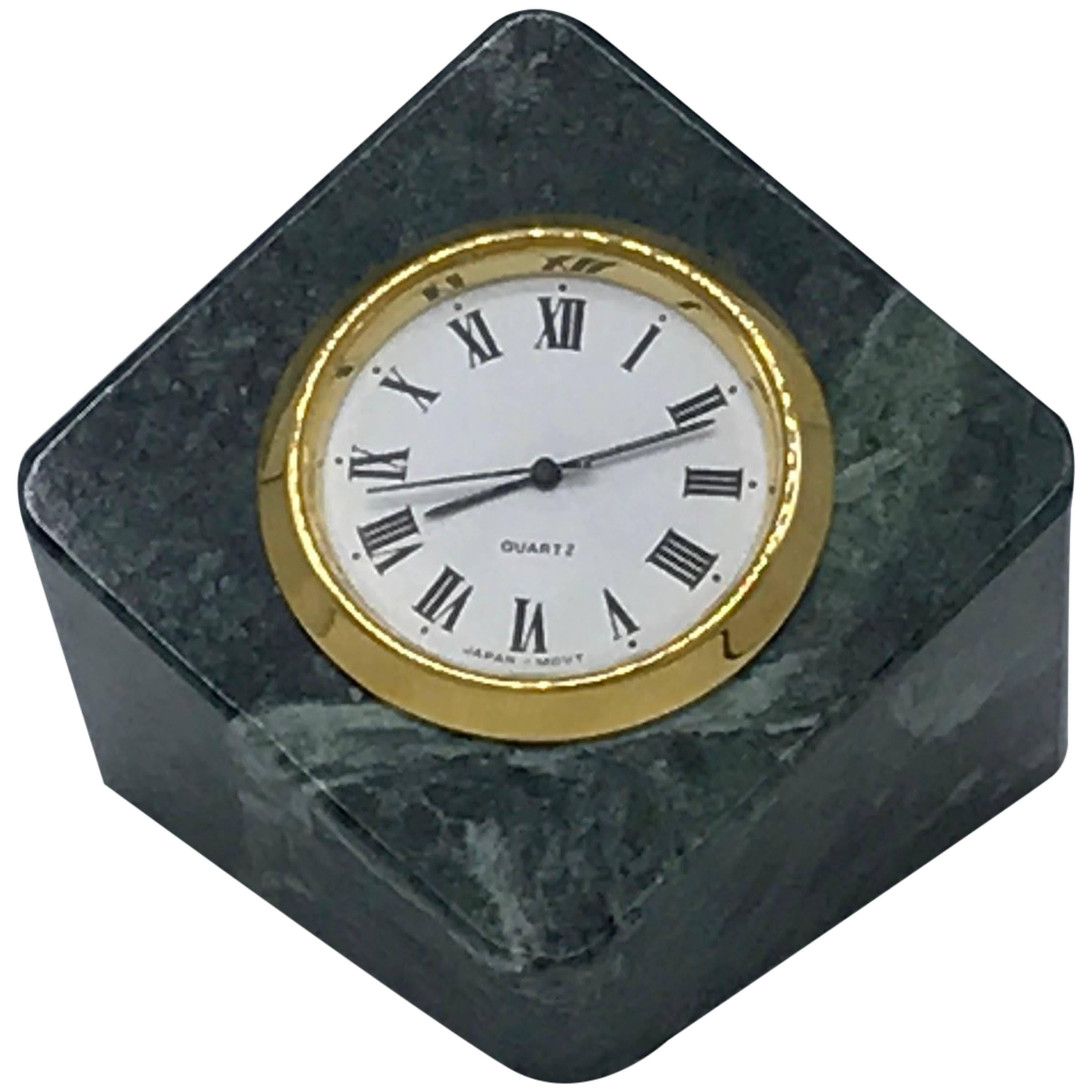 1960's Geometric Green Marble and Brass Desk Clock