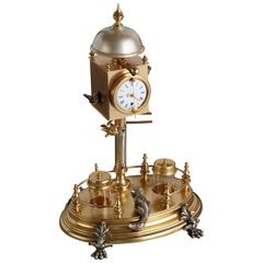 Antique Desk Inkwell with Clock and Ringing Bell, circa 1860