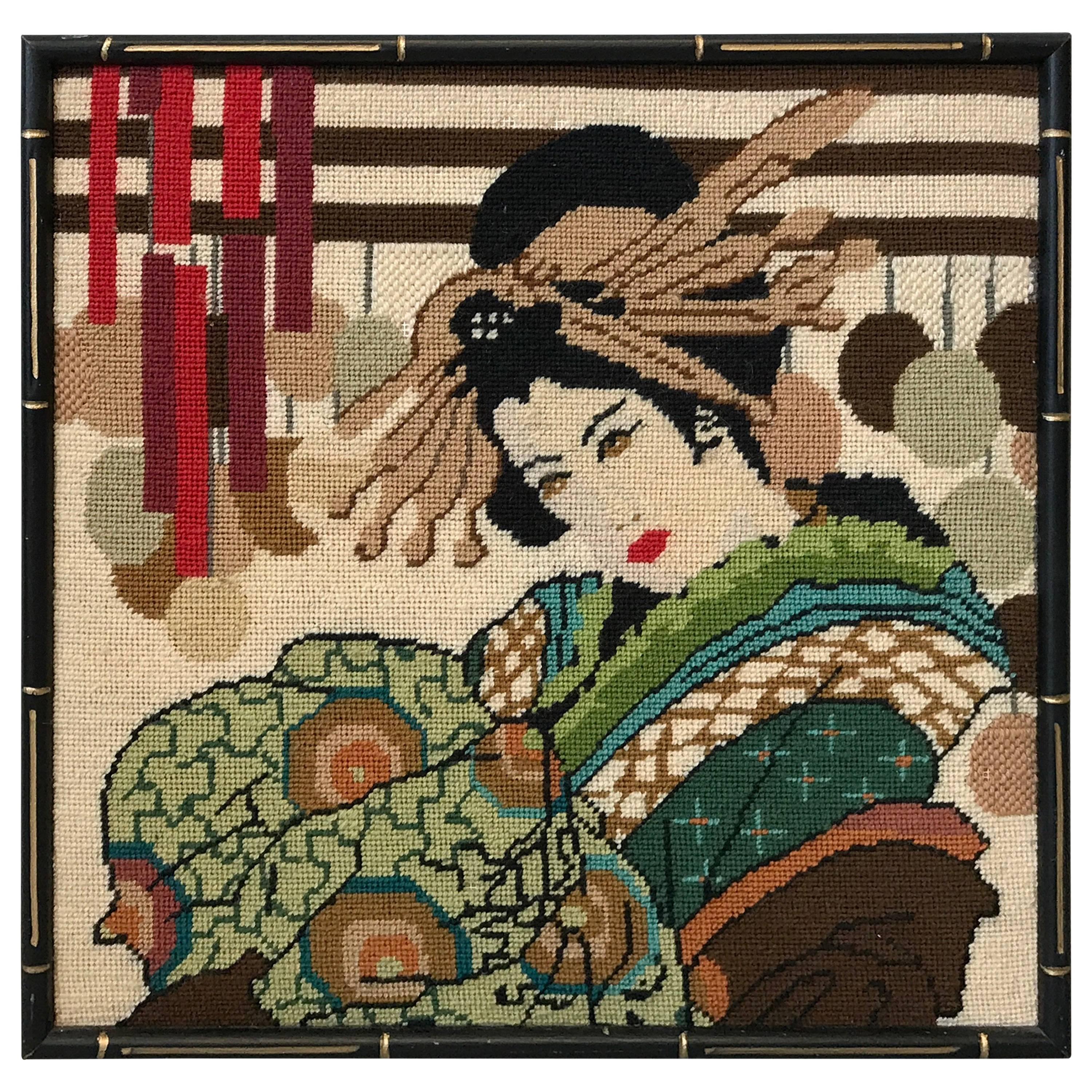 1960s Needlepoint Geisha with Faux Bamboo Frame For Sale