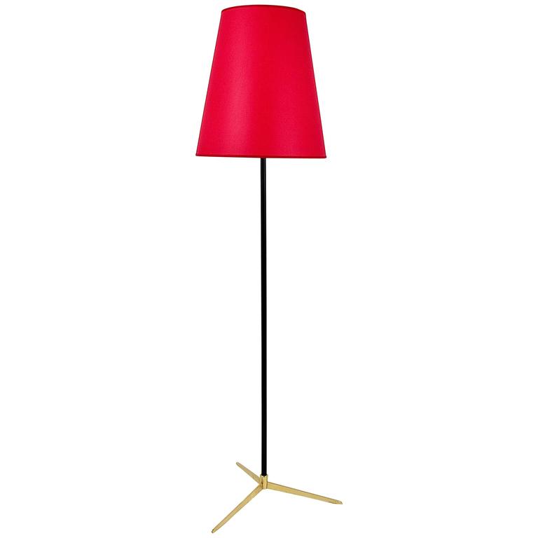 Elegant Red Kalmar Micheline Floor Lamp With Brass Tripod Base Elegant Red Kalmar Micheline Floor Lamp With Brass Tripod Base Austria 1950s For
