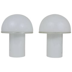 Vintage Two White Artemide Onfale Mushroom Murano Glass Table Lamps, Luciano Vistosi