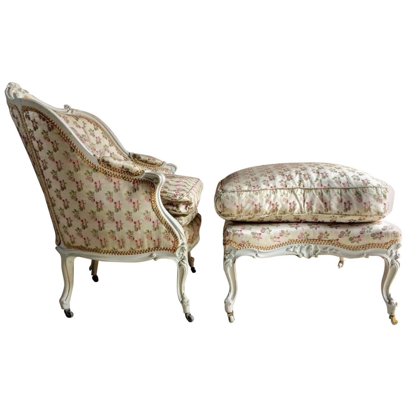 Antique French Tub Chair and Footstool Victorian 19th Century Painted