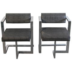 Pair of Baughman Style Brushed Steel Floating Square Chairs