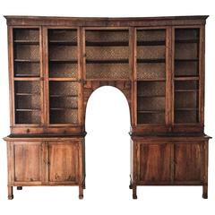 Antique Large 19th Century Empire Walnut Bookcase, Italian Two-Tier Bibliothéque