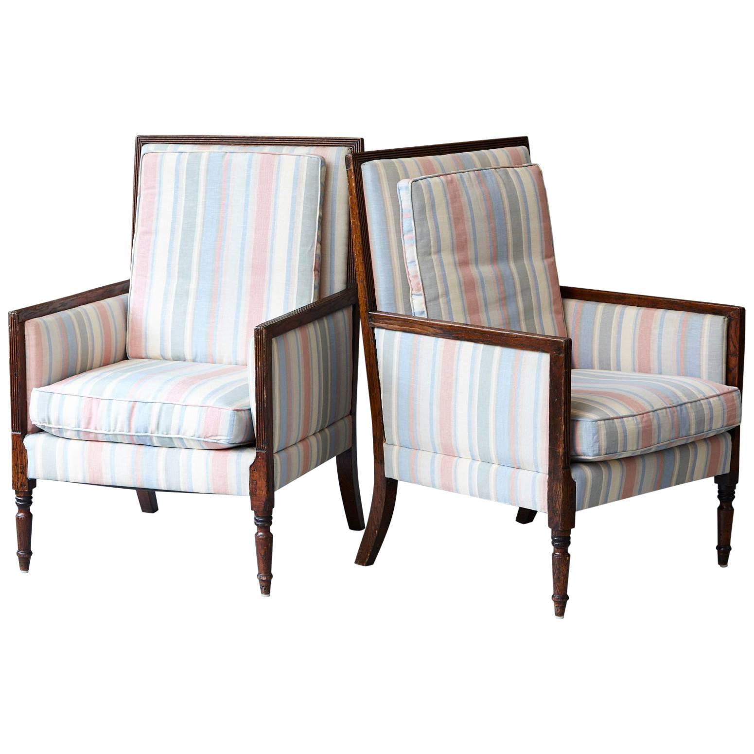 Pair of Italian Neoclassical Style Bergères in Pastel Striped Moiré Taffeta