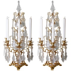 Monumental Pair of Antique French Gilt Bronze and Crystal Girandole Candelabra