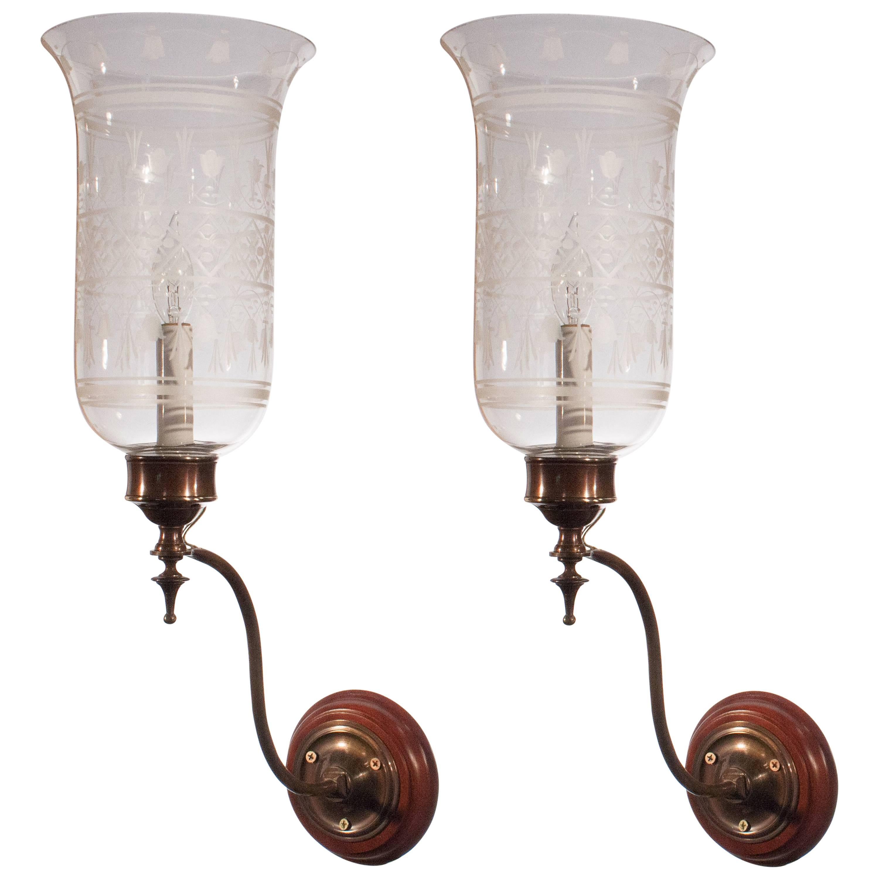 Pair of Antique English Hurricane Shade Wall Sconces with Acid Etching