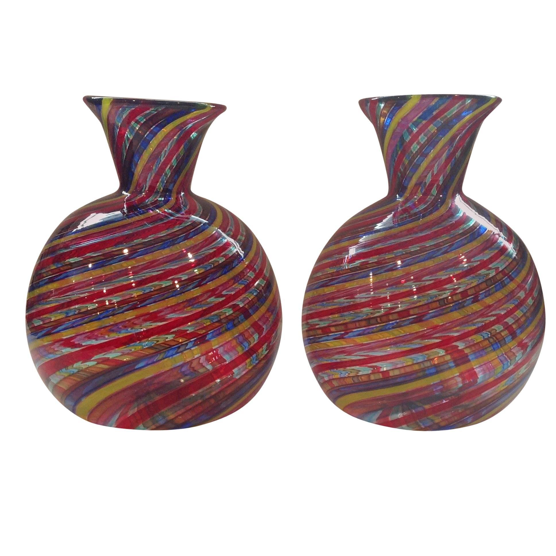 Rare Pair of Murano Mezza Filligrana Vases Attributed to Dino Martens For Sale