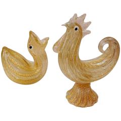 Rare Pair of Barovier and Toso Murano Birds Rooster and Chick