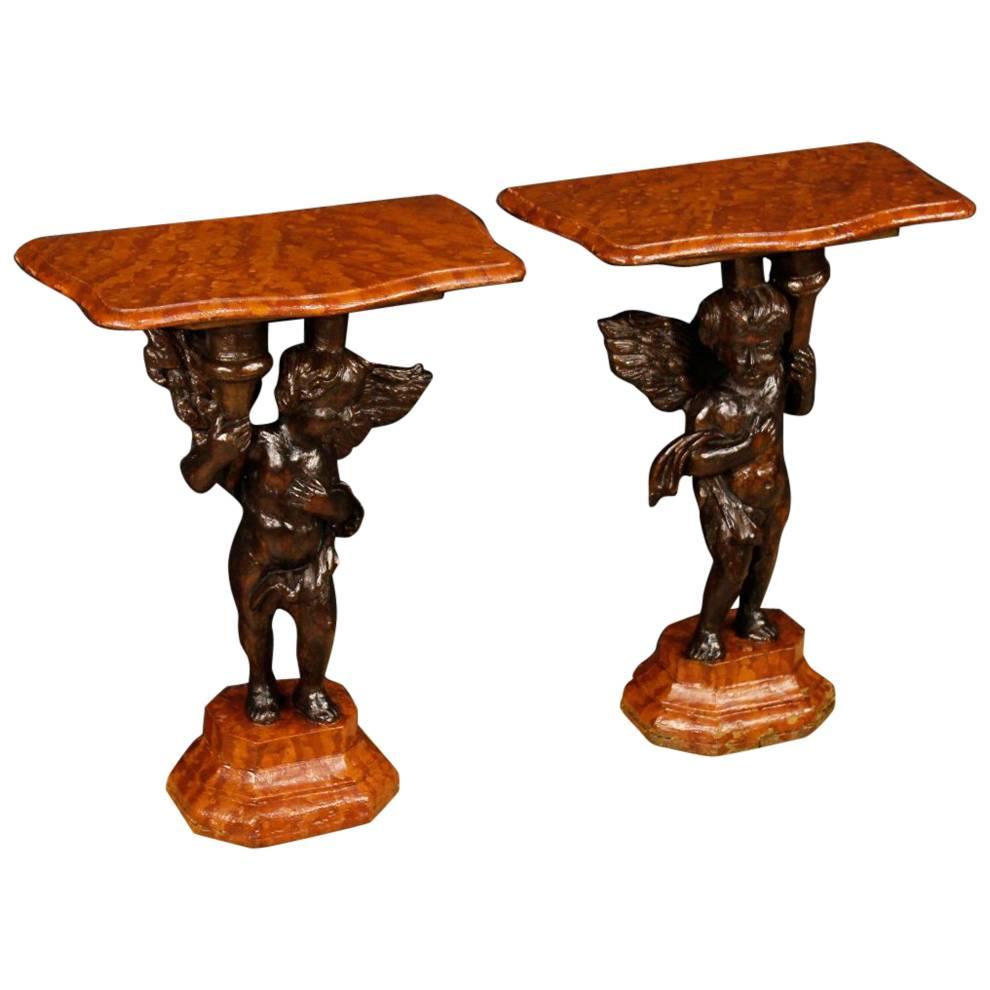 20th Century Pair of Italian Lacquered Side Tables with Little Angels Sculptures
