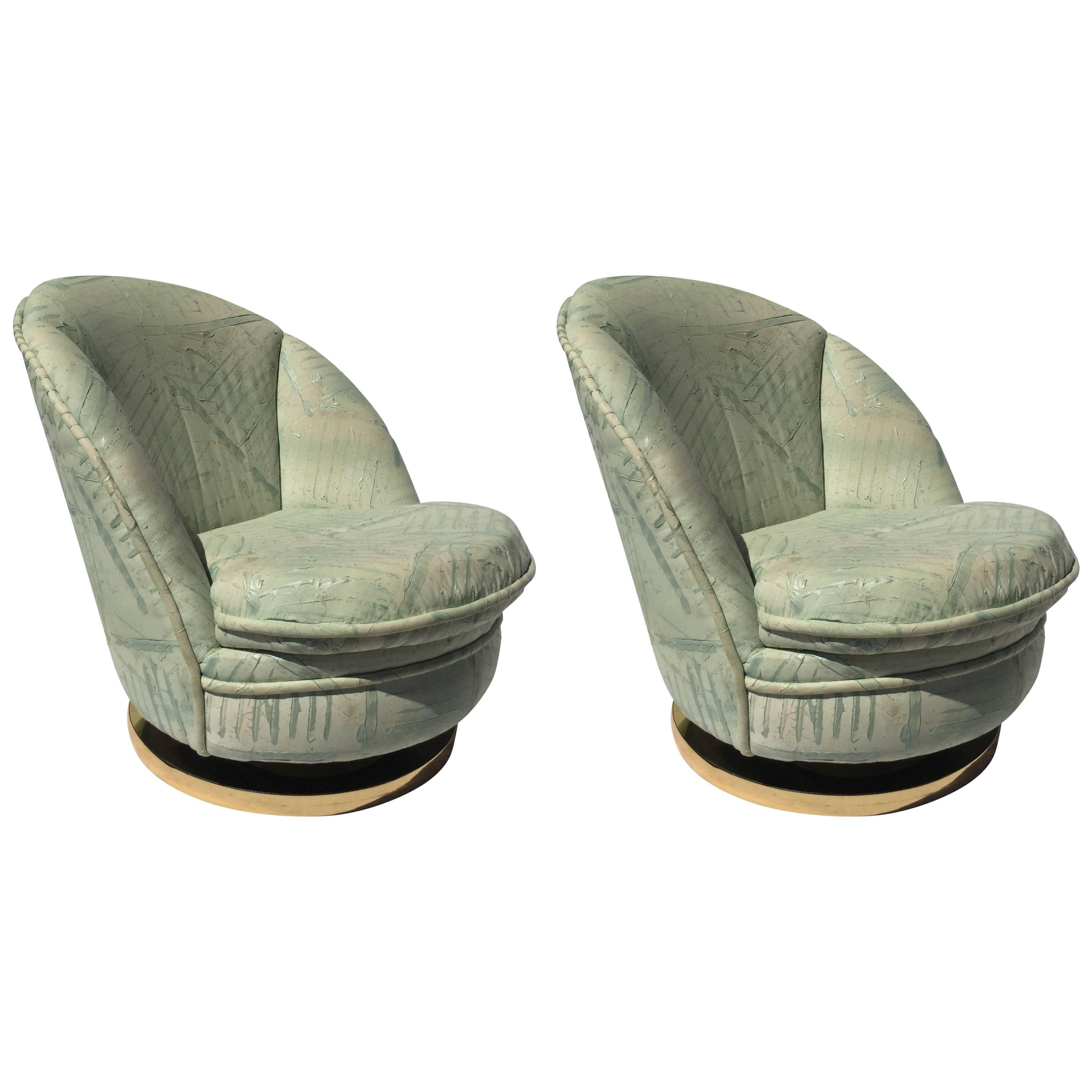 Pair of Milo Baughman Swivel Chairs with Brass Bases