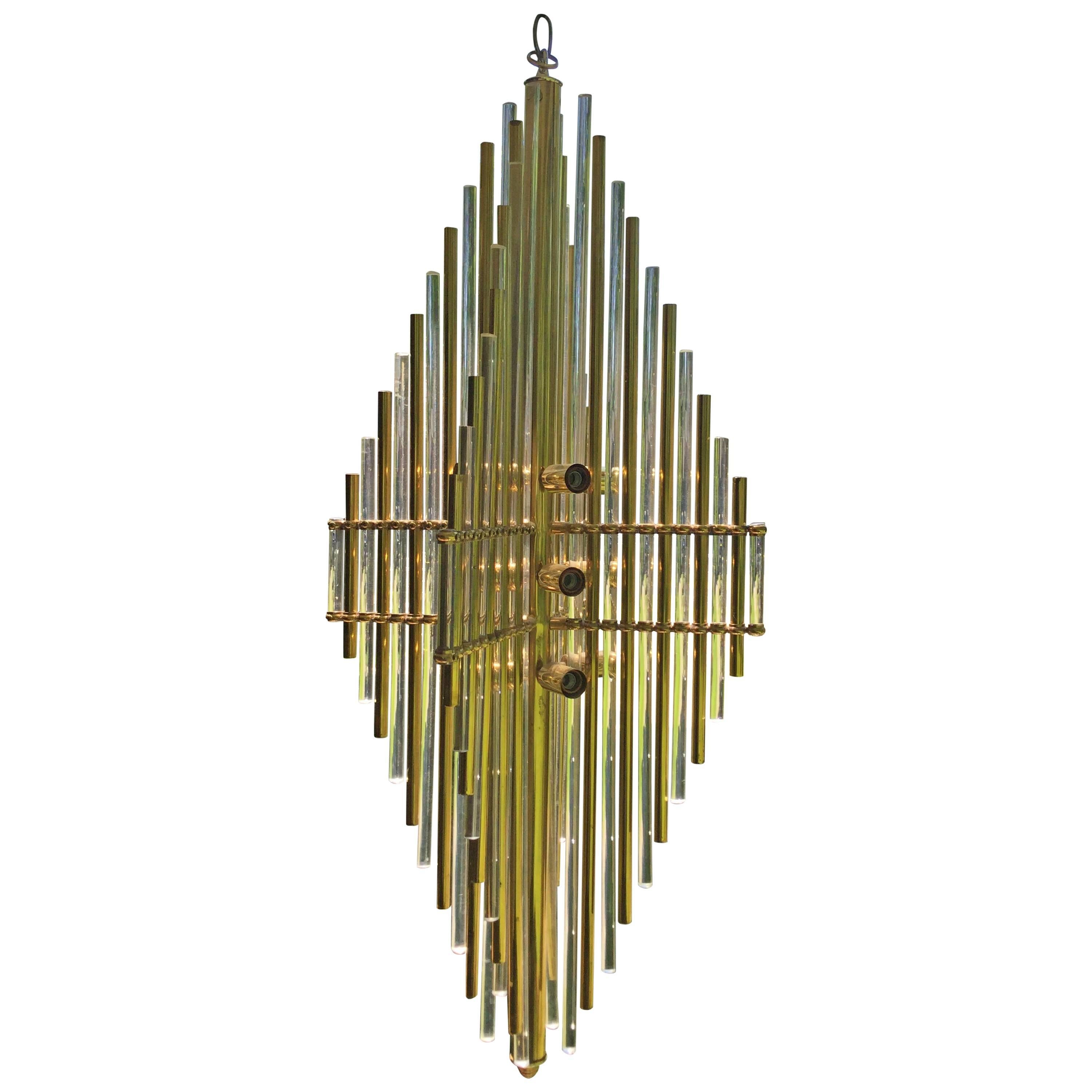 Large 1970s Brass and Lucite Hanging Lamp