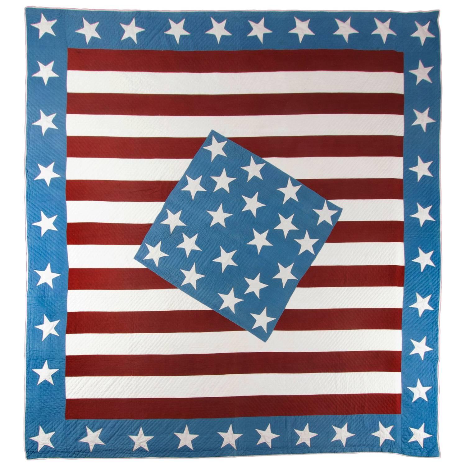 Outstanding Antique American Civil War Patriotic Flag Quilt, Diamond-in-a-Square