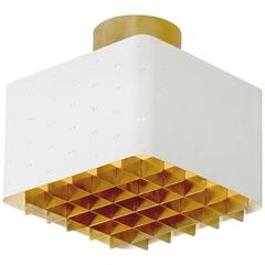 Paavo Tynell White and Brass Ceiling Lamp Model 9068 for Idman, Finland, 1950
