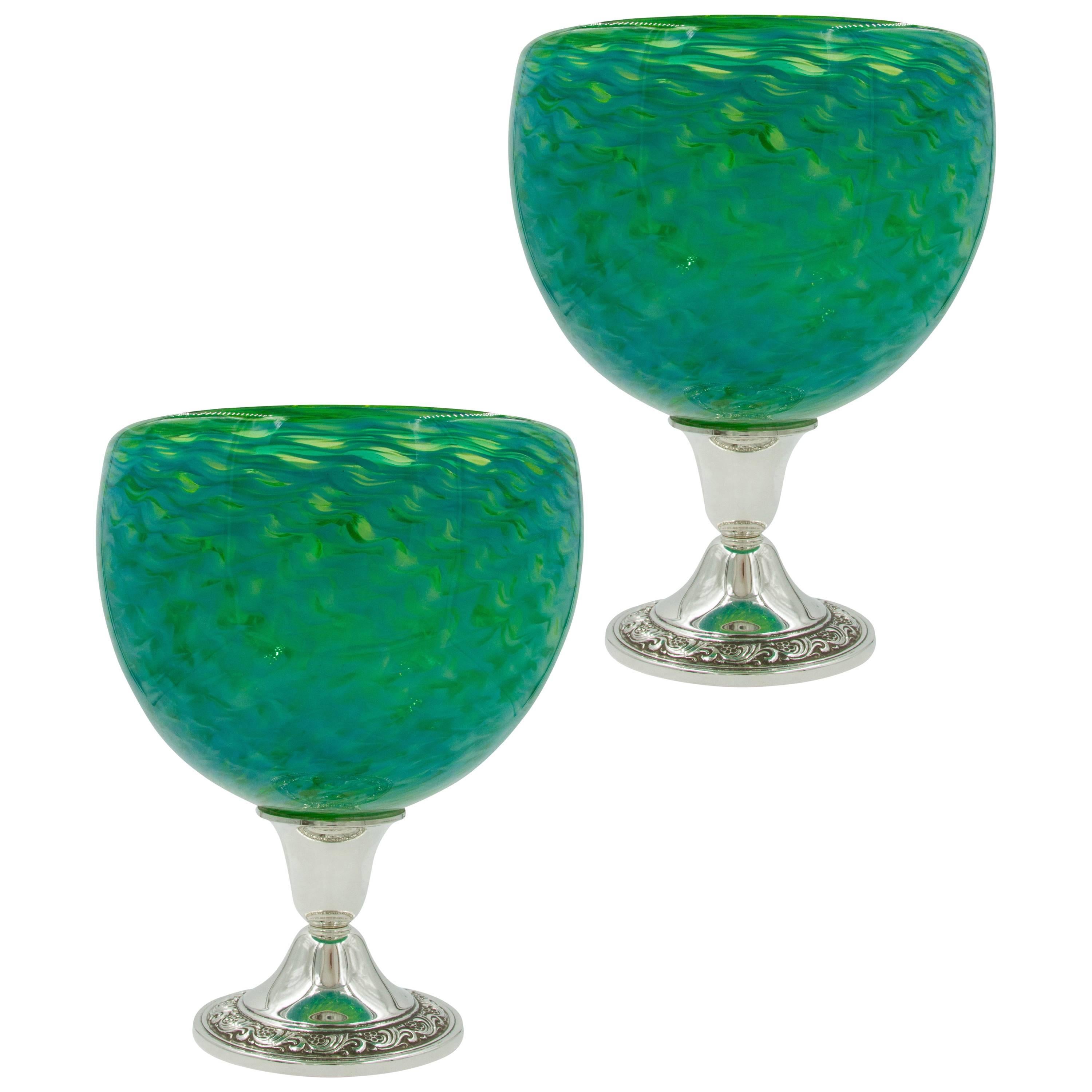 Pair of Colored Glass Bowls on Sterling Base