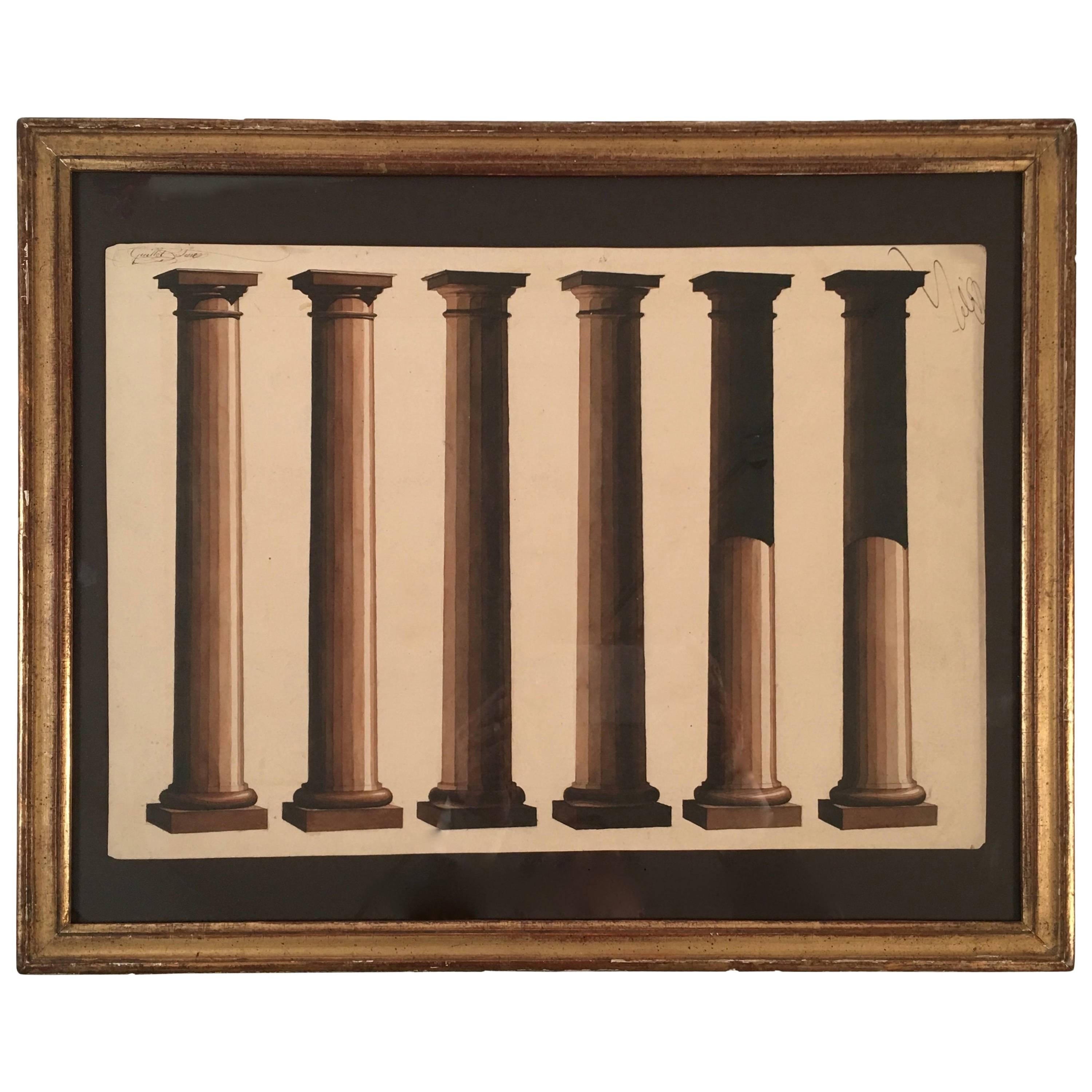 French Neoclassical Architectural Watercolor Study of Shadows on Columns