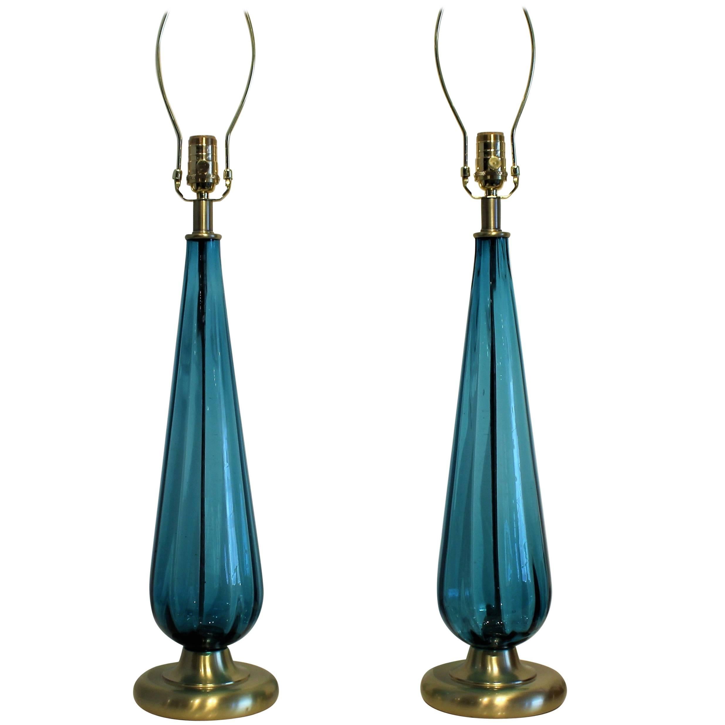 Large Handblown Murano Glass Lamps in Cyan Blue Green, Italy 1960s