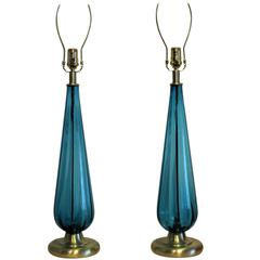 Large Handblown Murano Glass Lamps in Cyan Blue Green, Italy 1960s