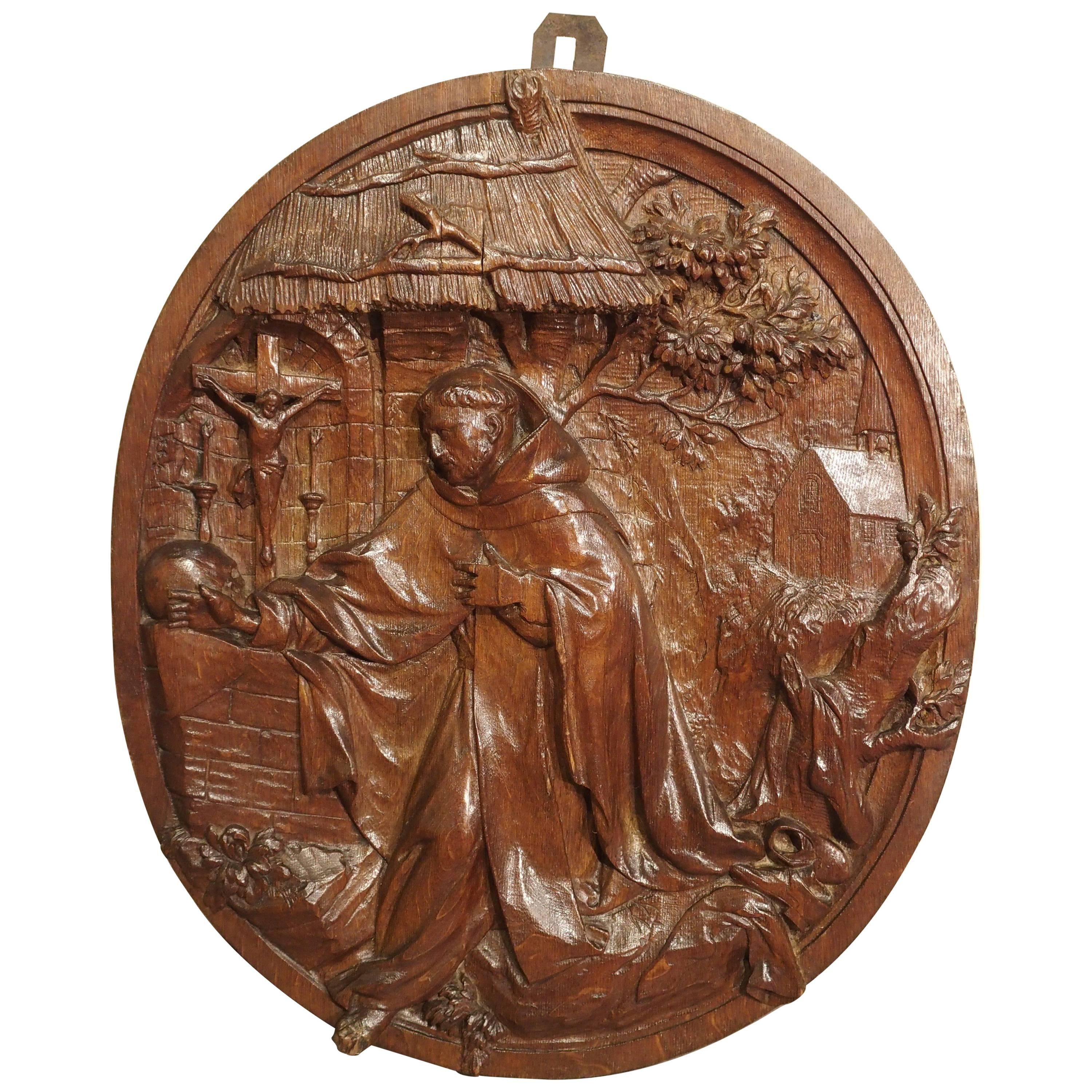 Carved 18th Century Oval Wooden Religious Plaque from France