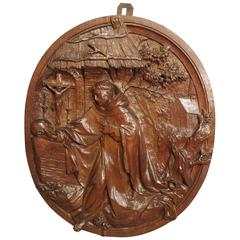 Carved 18th Century Oval Wooden Religious Plaque from France 8