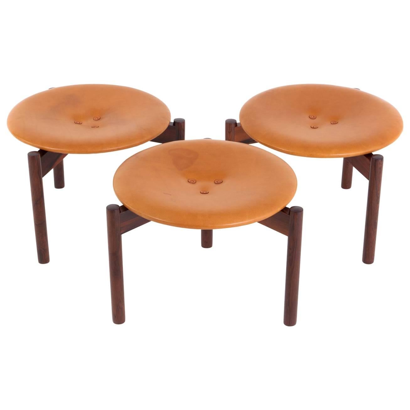 Uno & Östen Kristiansson Set of Three Rosewood and Leather Stools For Sale
