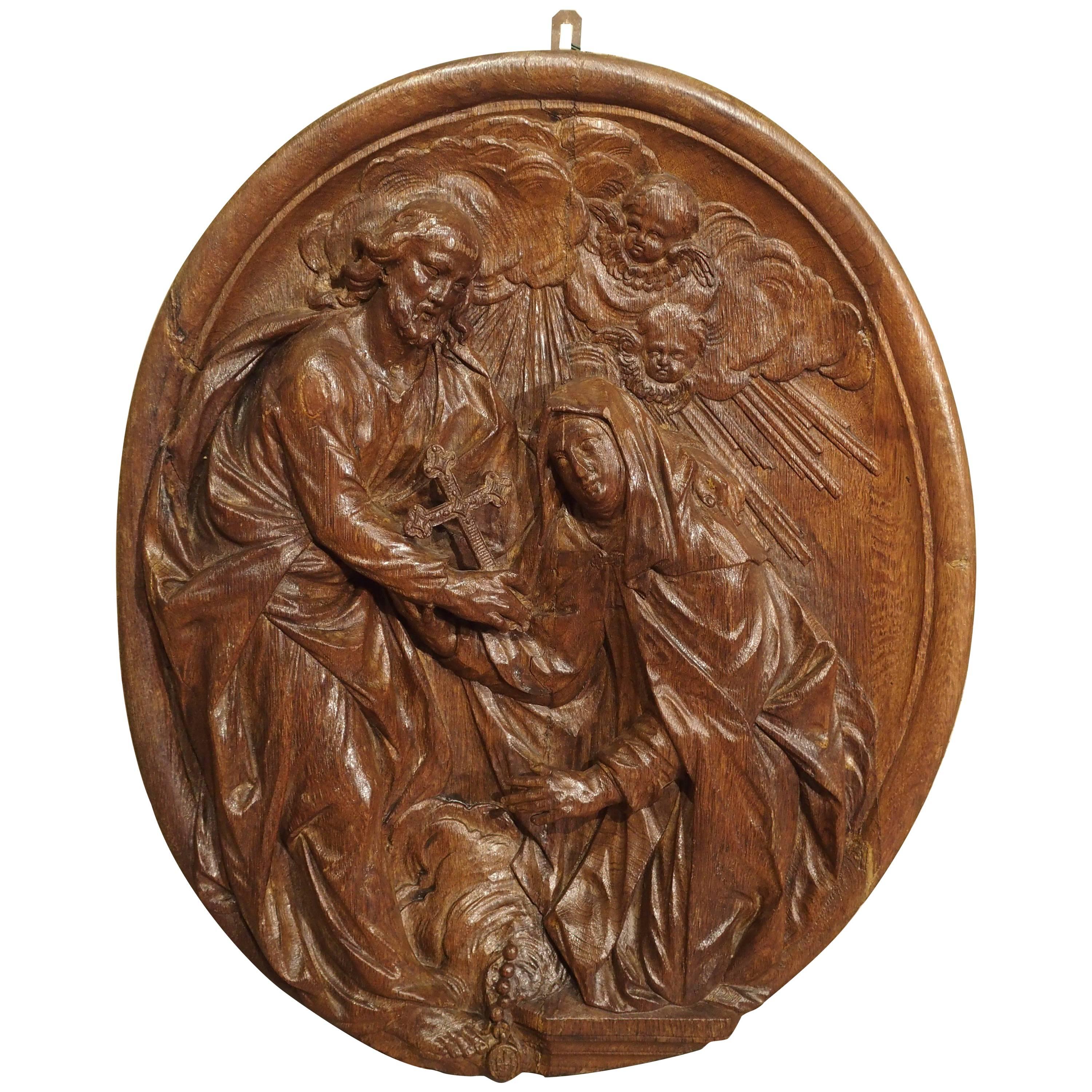 Carved 18th Century Oval Wooden Religious Plaque from France