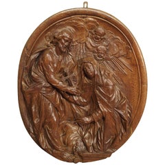 Carved 18th Century Oval Wooden Religious Plaque from France