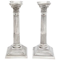 Tall Pair of Sterling Silver Neoclassical Corinthian Column Candlesticks