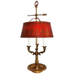 Wonderful French Bronze Neoclassical Bouillotte Three Light Lamp Red Tole Lamp