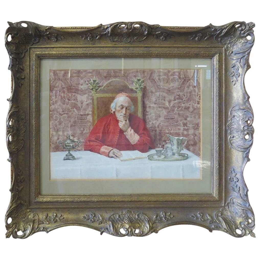 Watercolor Painting of a Cardinal Reading by Nazzarreno Cipriani For Sale