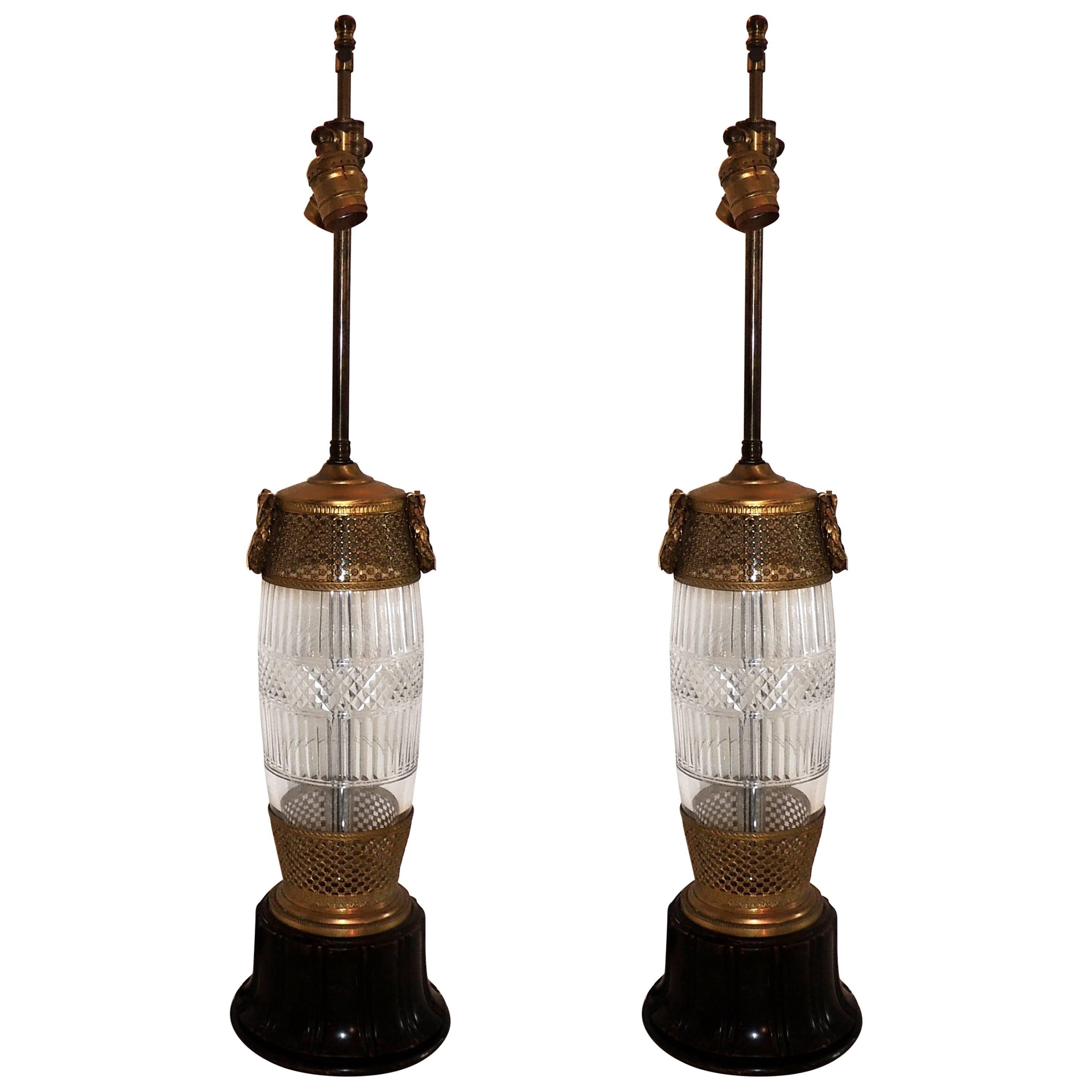 French Pair of Ormolu Bronze Gilt Crystal Vase Large Wreath Lattice Lamps