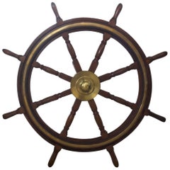 Vintage Varnished Mahogany and Brass Ship's Wheel