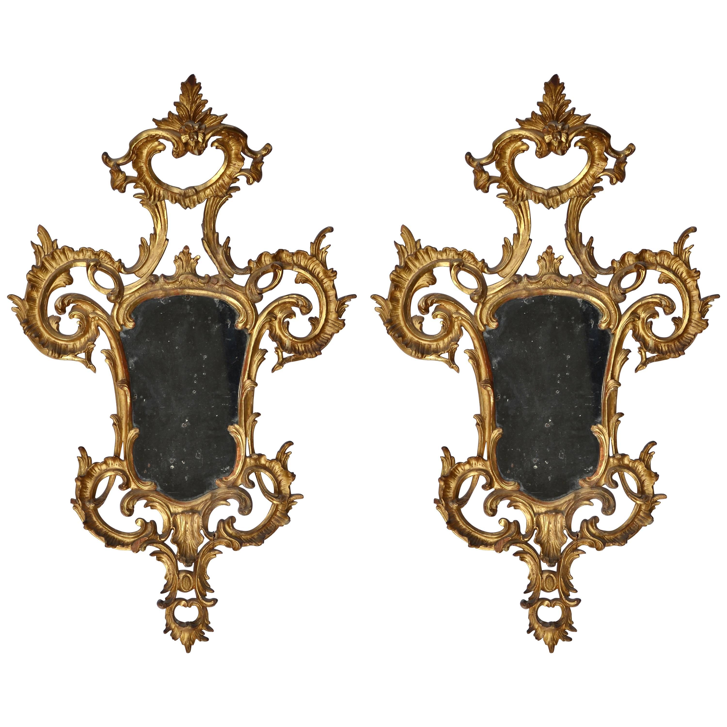 Beautiful Pair of 18th Century Italian Rococo Carved Giltwood Mirrors
