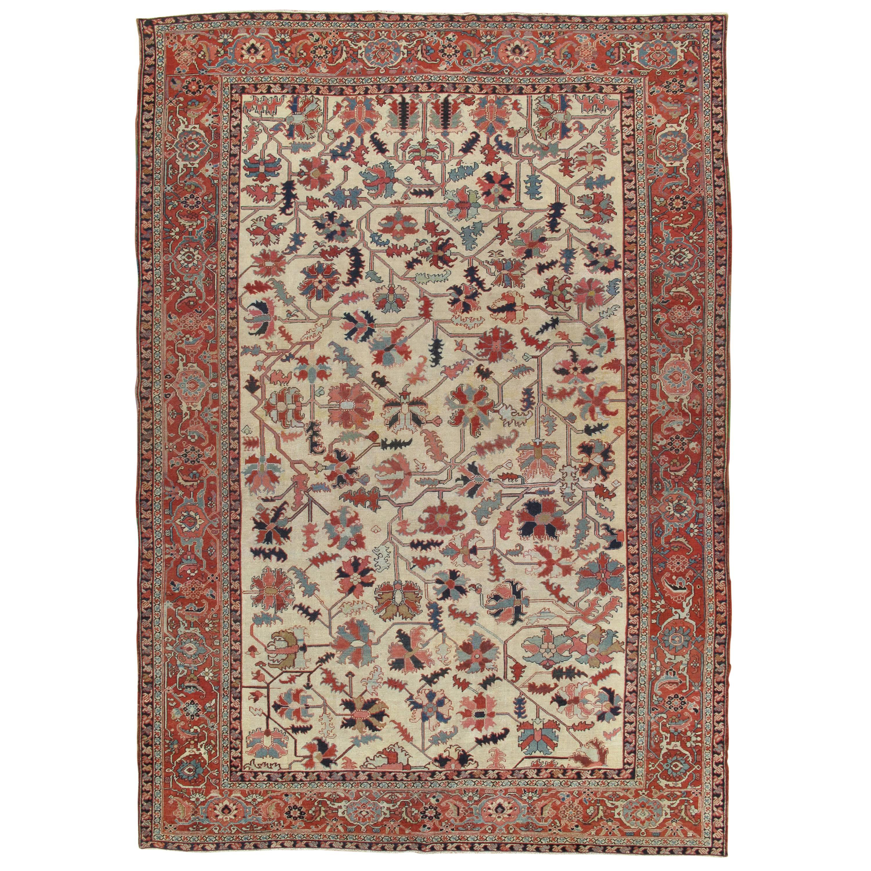 Antique Persian Serapi Carpet, Handmade Wool Oriental Rug, Ivory and Light Blue For Sale