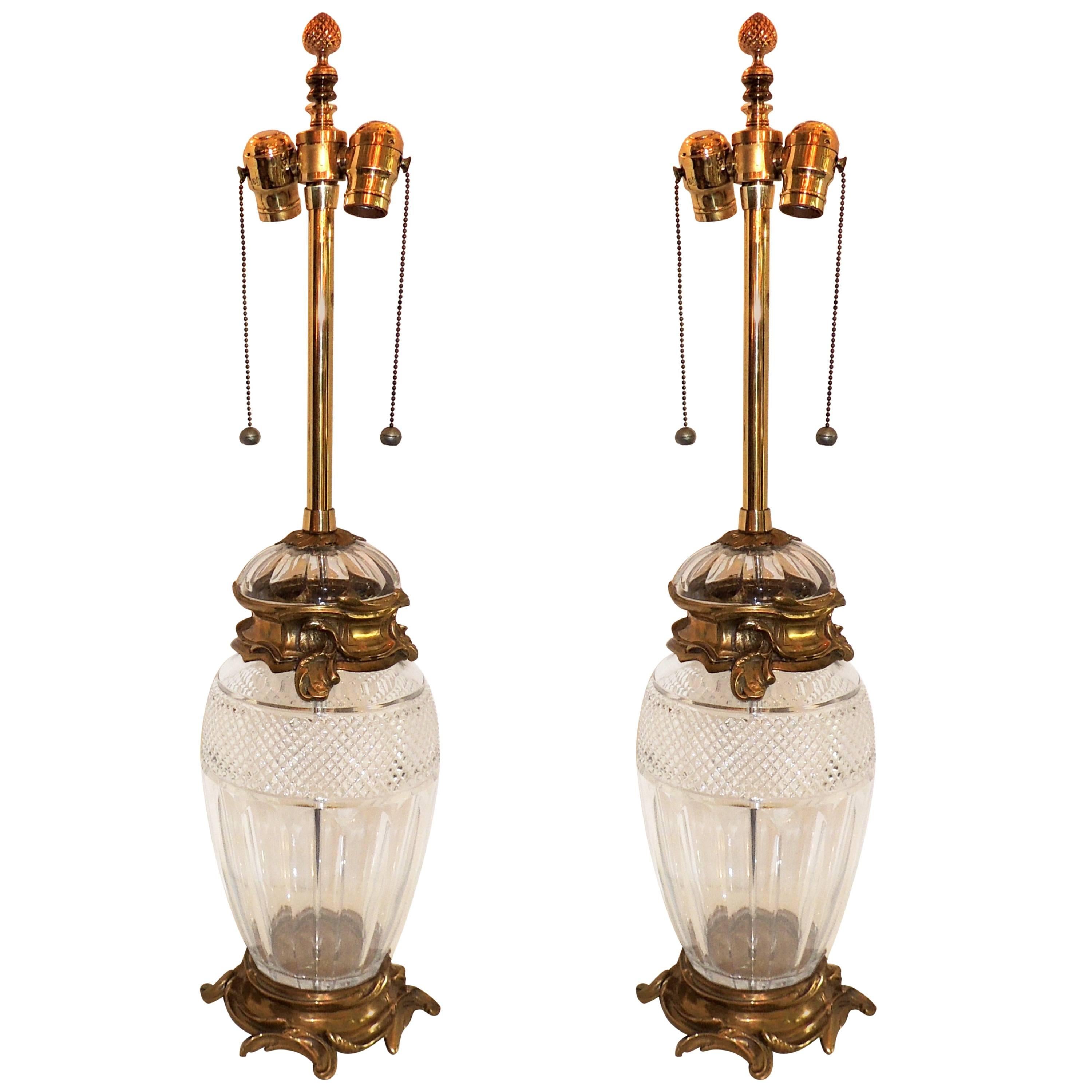 Wonderful Pair French Ormolu Gilt Bronze Cut Crystal Etched Urn Louis XVI Lamps