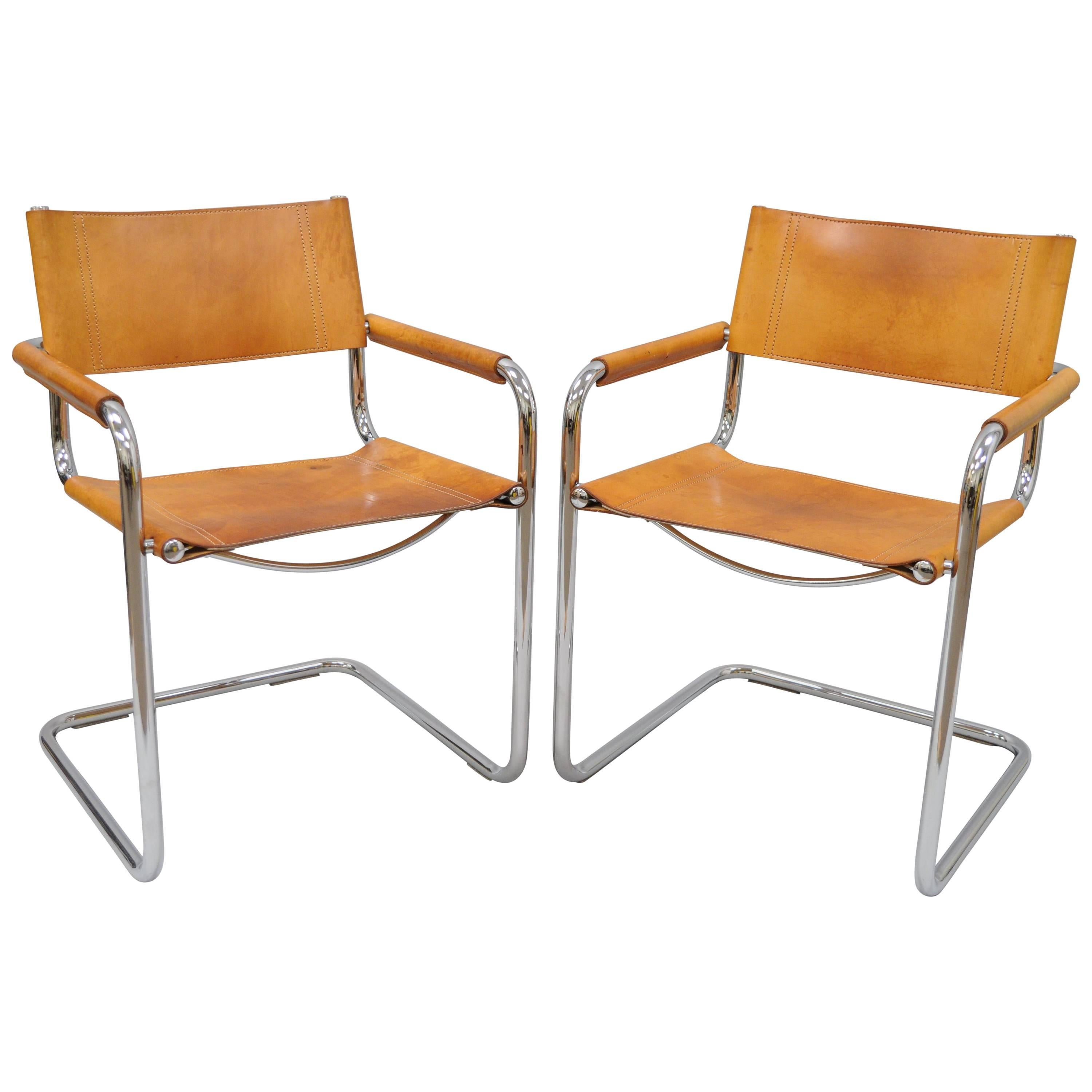 Pair of Cognac Leather Mart Stam for Fasem S34 Dining Armchairs Tubular Chrome