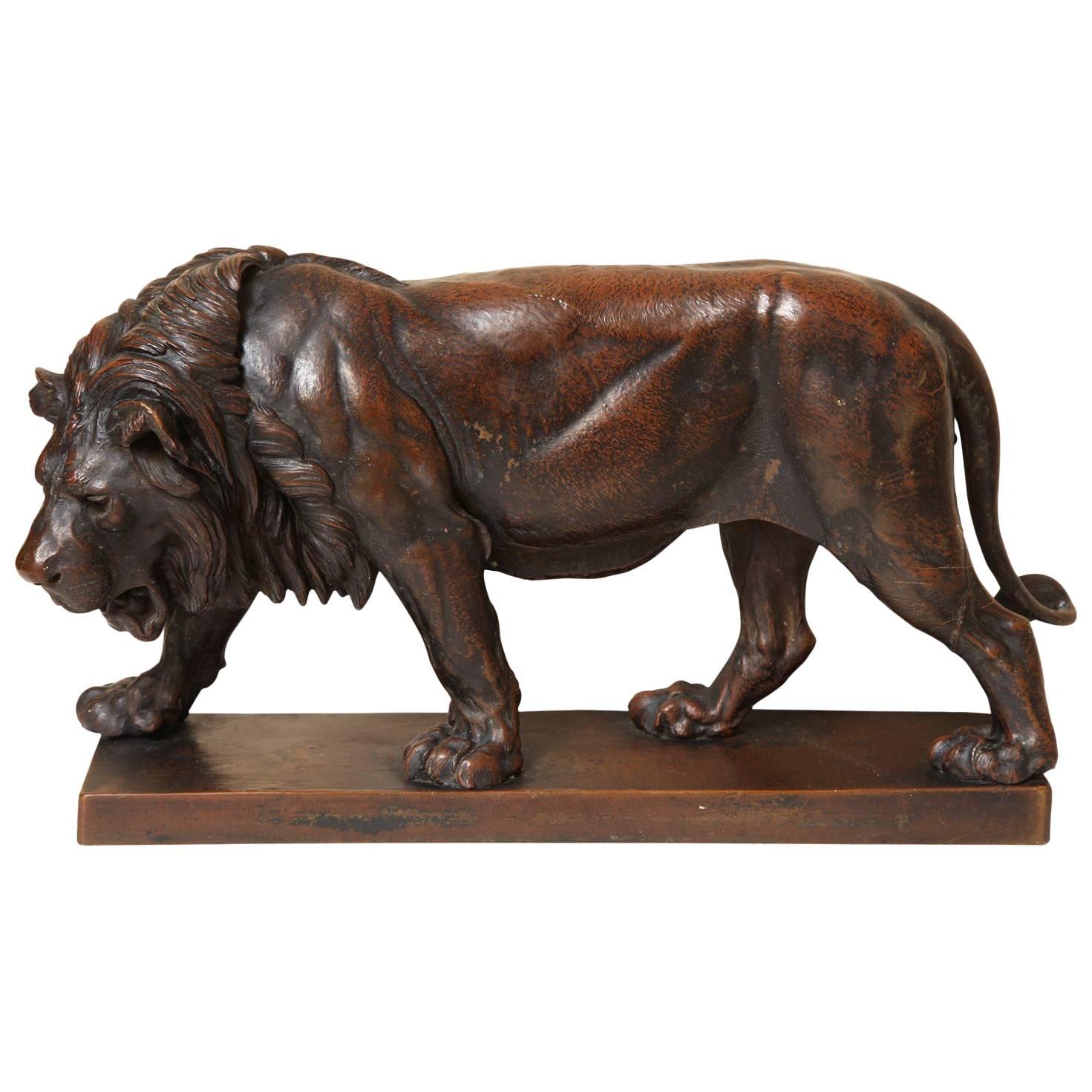 Late 19th Century Patinated Bronze Lion on Base by Julius Heinrich Haehnel