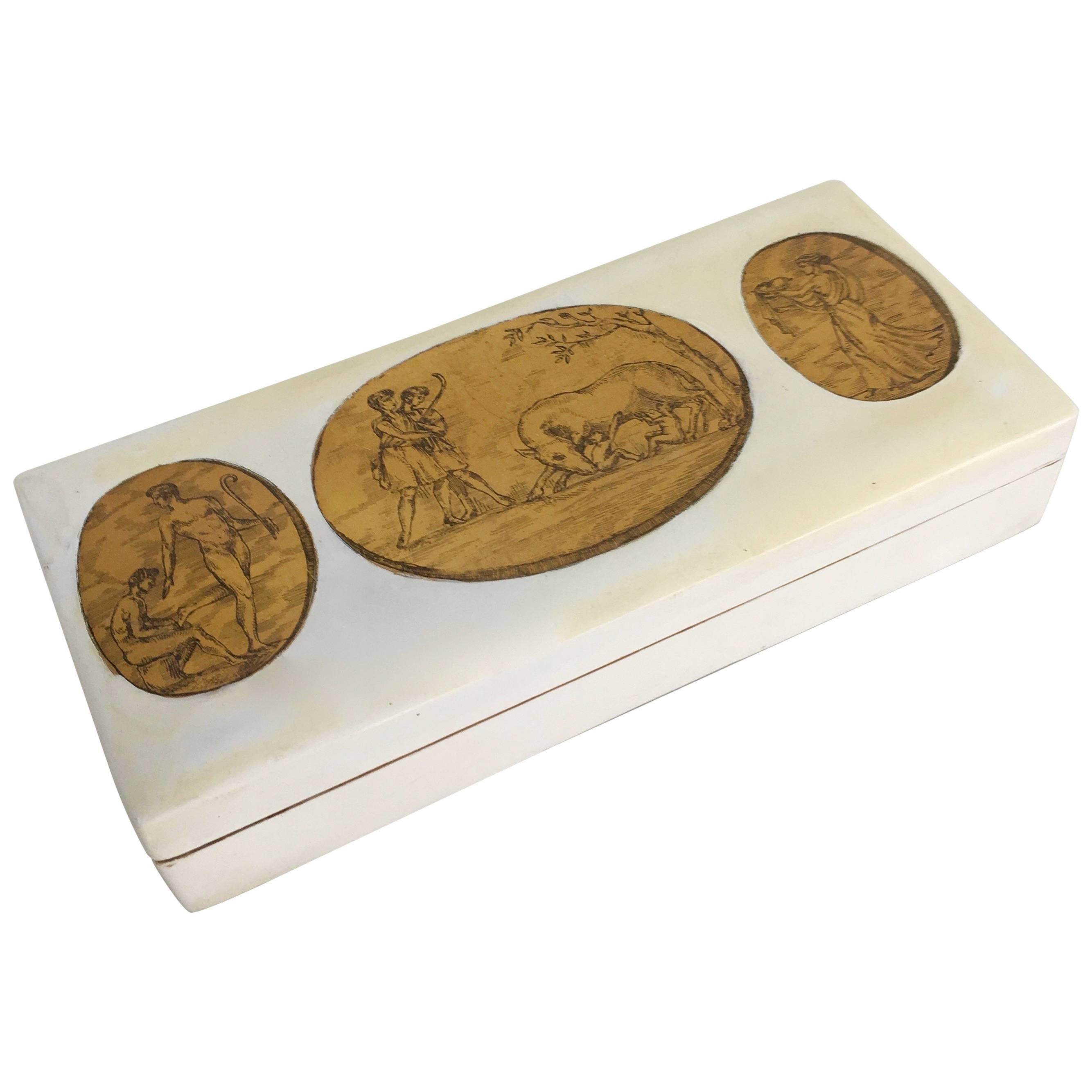 Wooden Two-Compartment Box in the Manner of Fornasetti