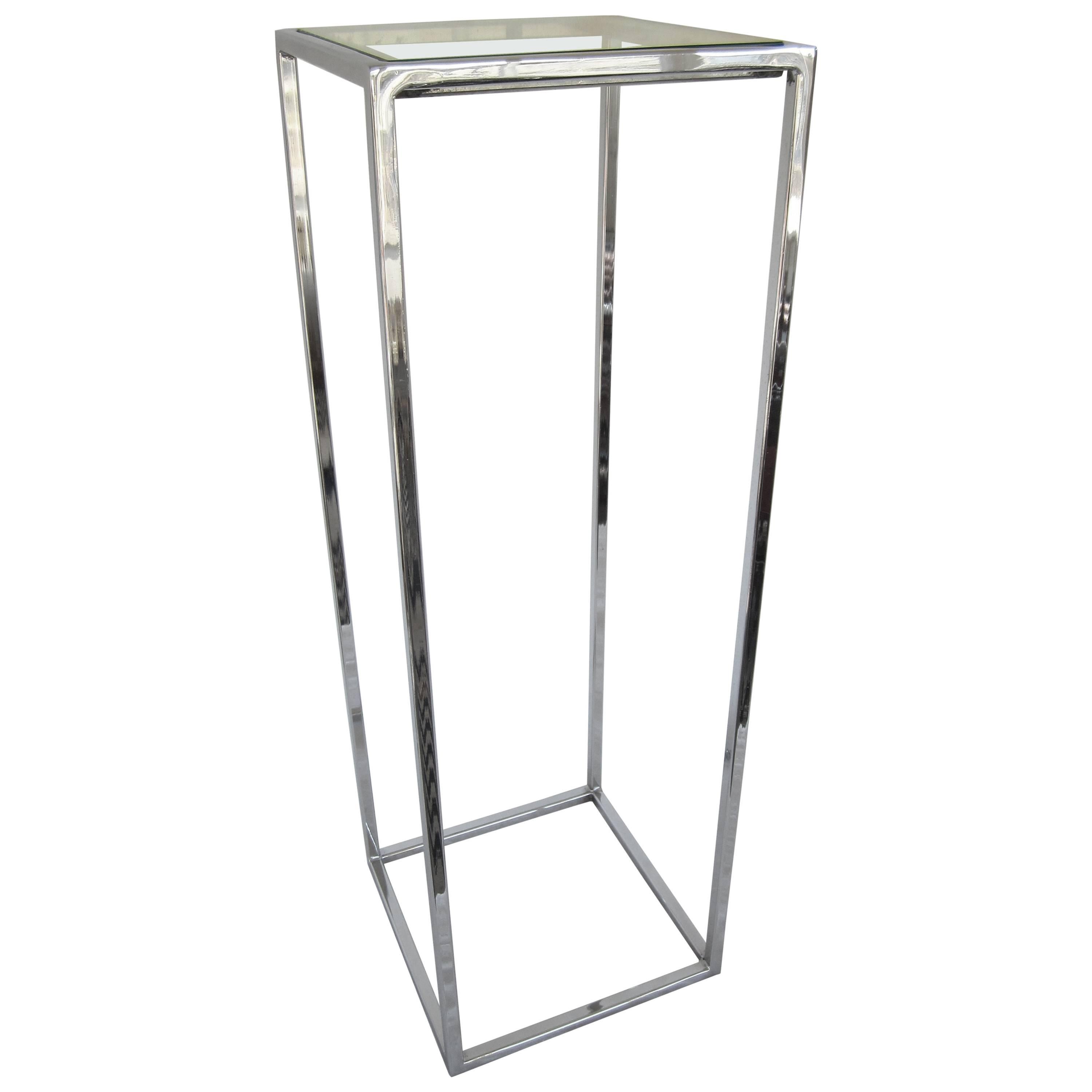 Polished Chrome and Glass Pedestal Table