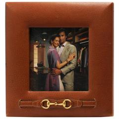 Tan Leather Gucci Picture Frame with Brass Horsebit, circa 1960 4