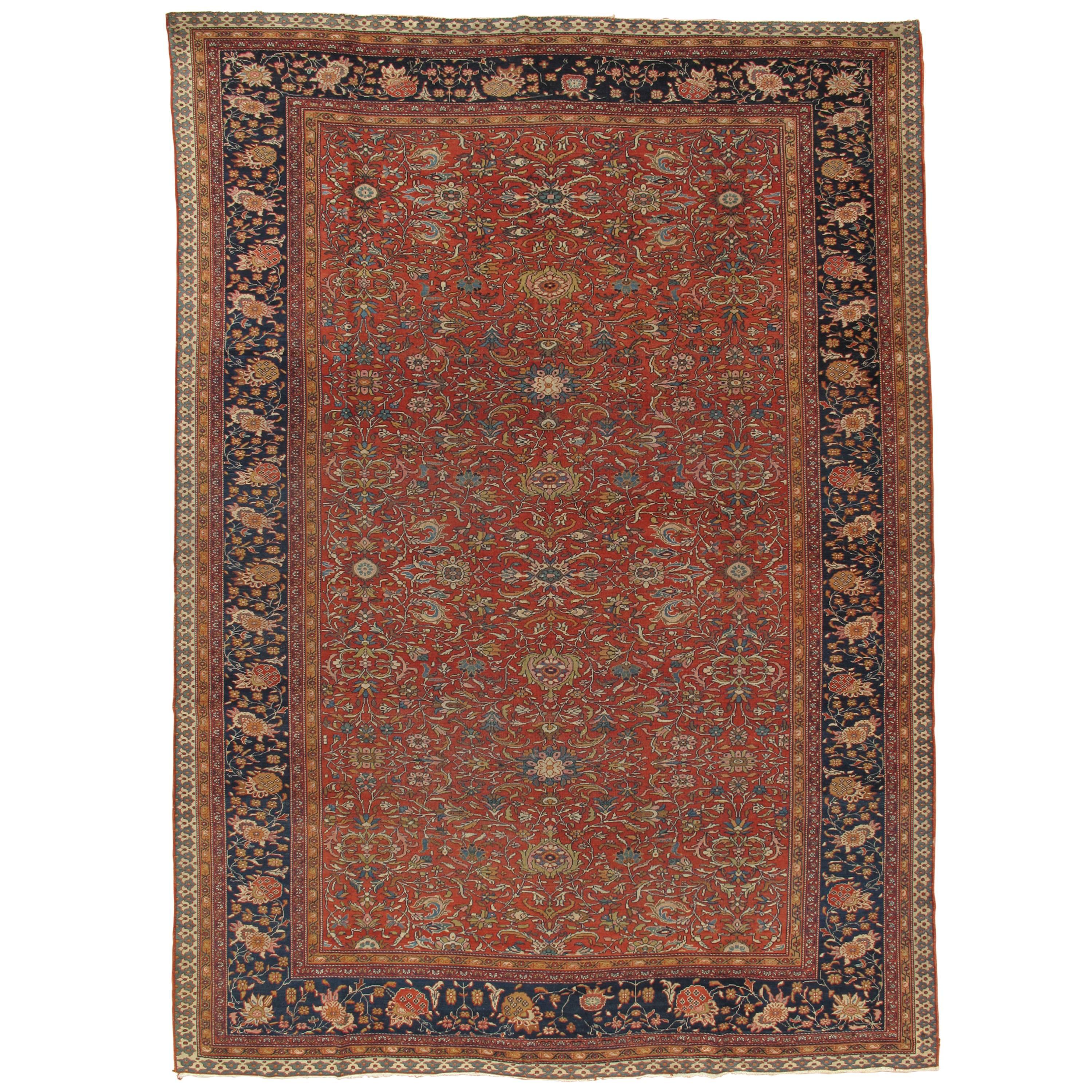 Antique Farahan Sarouk Carpet, Handmade Oriental Rug, Ivory, Red, Navy, Fine 