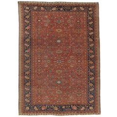 Antique Farahan Sarouk Carpet, Handmade Oriental Rug, Ivory, Red, Navy, Fine 