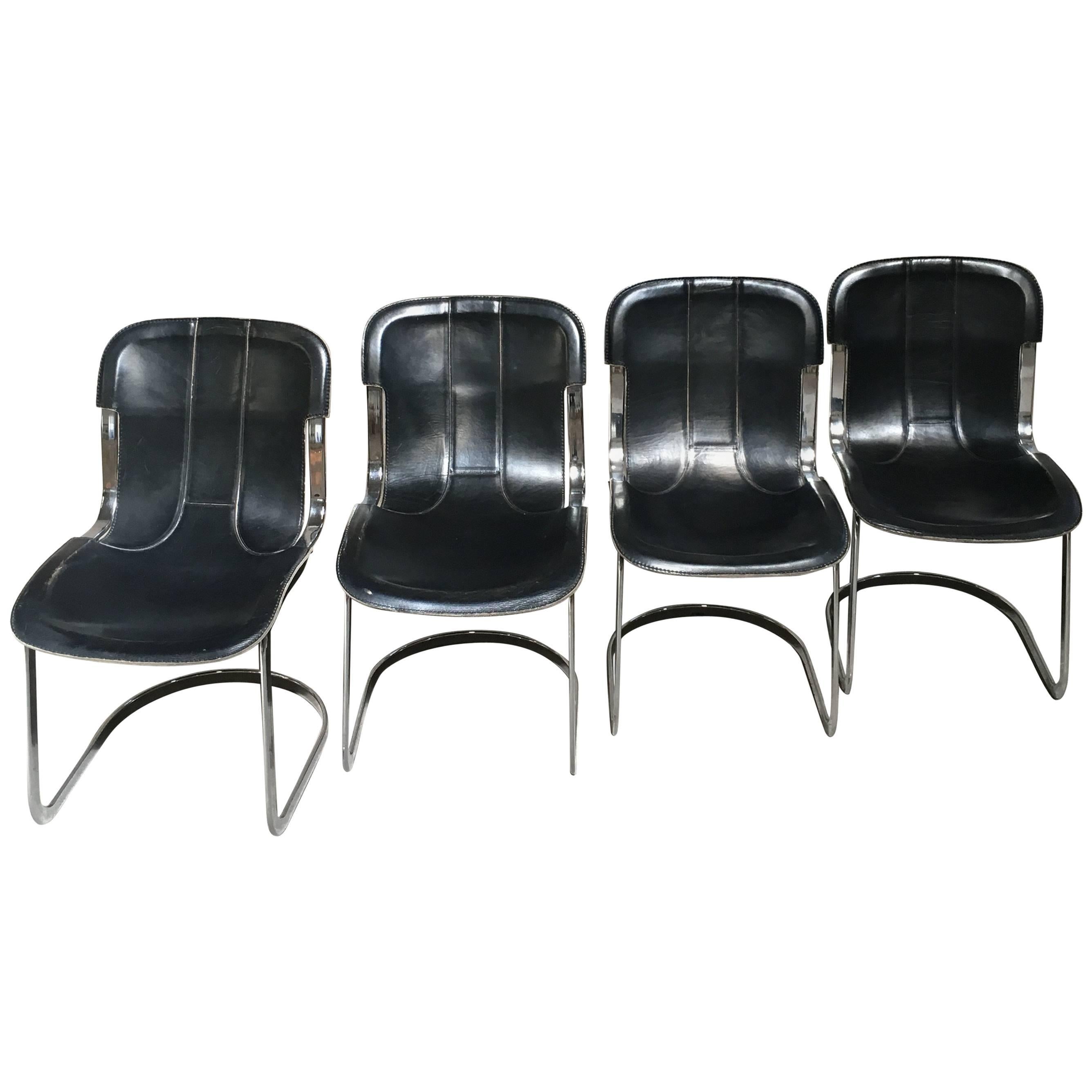 Four Italian Chairs with Original Black Leather Seat by Willy Rizzo for Cidue