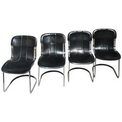 Four Italian Chairs with Original Black Leather Seat by Willy Rizzo for Cidue