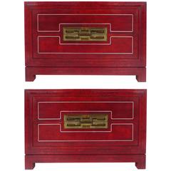 Mid-Century Modern Mastercraft Mandarin Red Burl Wood Bedside Chests, Pair 8