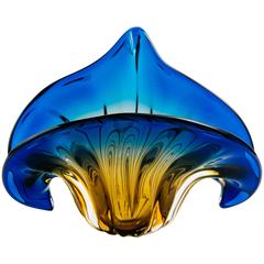 Art Deco Fleur-de-Lis Murano Vase in Vibrant Blue and Amber