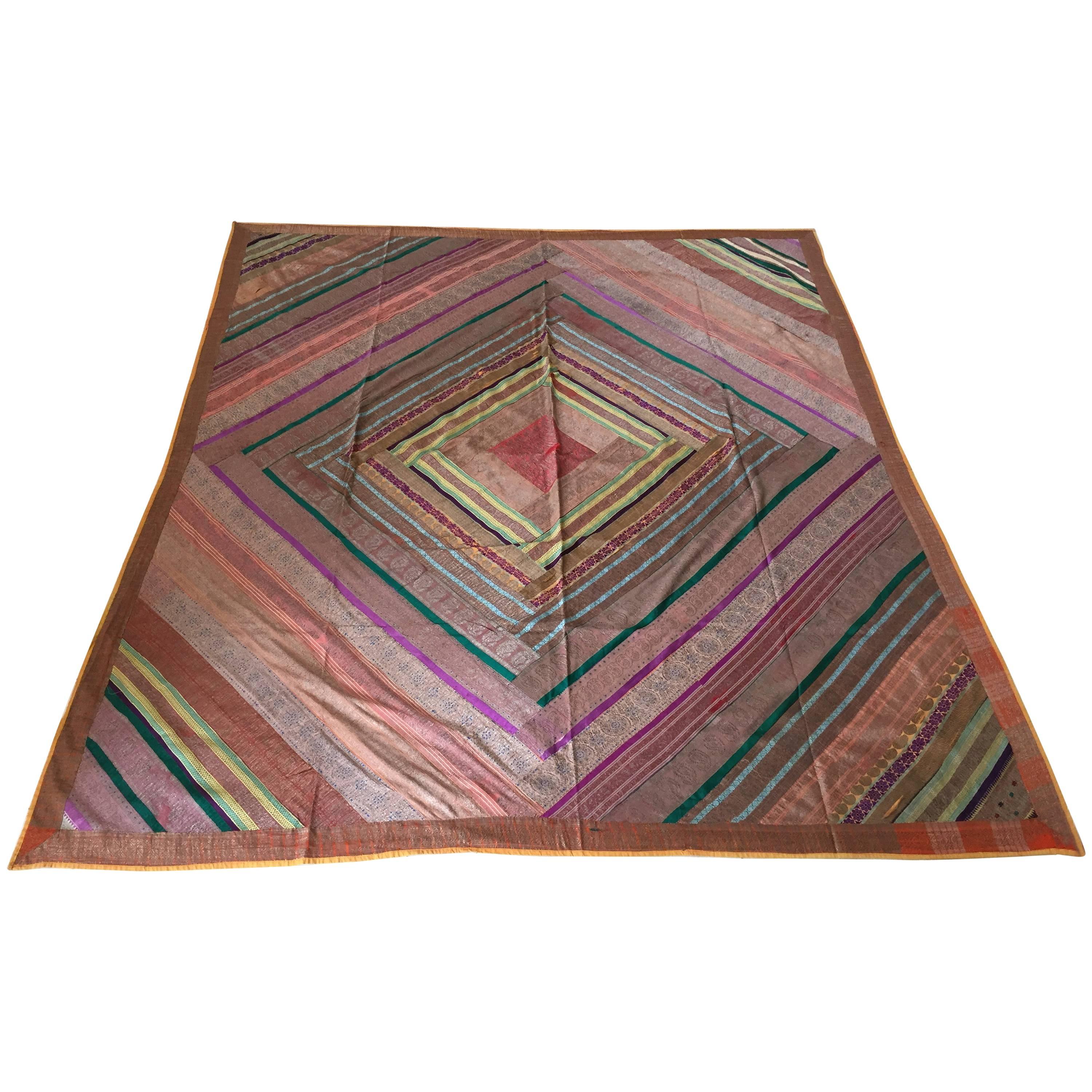 1950s Vintage Silk Sari Textile Quilt Patchwork, India For Sale